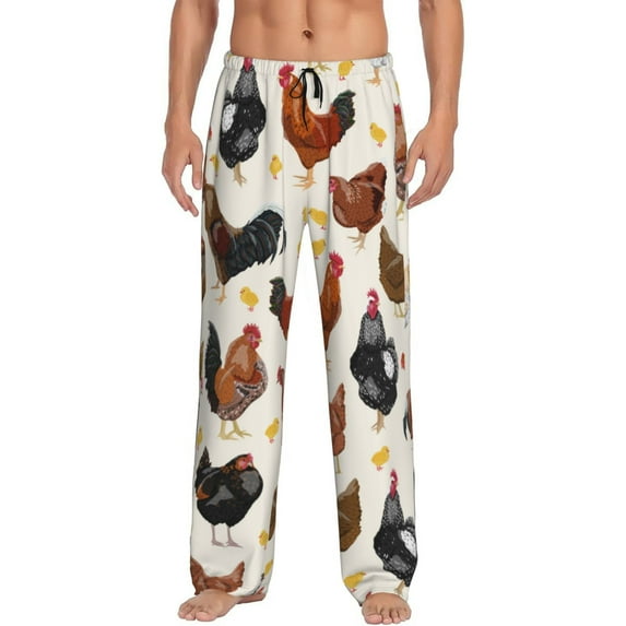 Uemuo Roosters and Chickens Pattern Men's Wide Leg Palazzo Lounge Pants with Pockets Light Weight Loose Comfy Casual Pajama Pants-