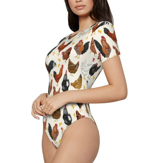 Uemuo Roosters and Chickens Pattern Women's One Piece Short Sleeve Swimsuit Rash Guard Surfing Modest Quick-drying Swimsuit Beach Essentials-