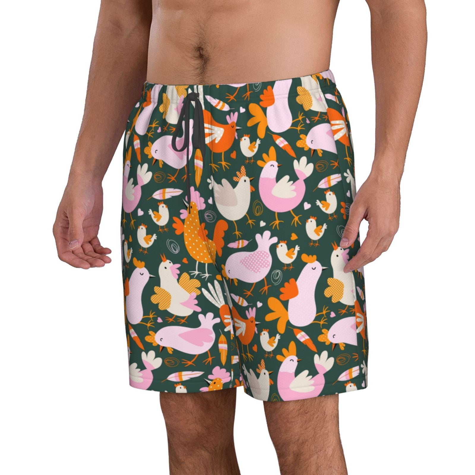 Uemuo Roosters and Chicks Pattern Men's Swim Trunks Hawaiian Beach