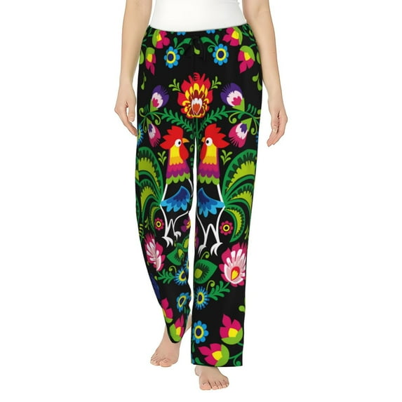 Uemuo Roosters and Flowers Pattern Women's Wide Leg Palazzo Lounge Pants with Pockets Light Weight Loose Comfy Casual Pajama Pants-