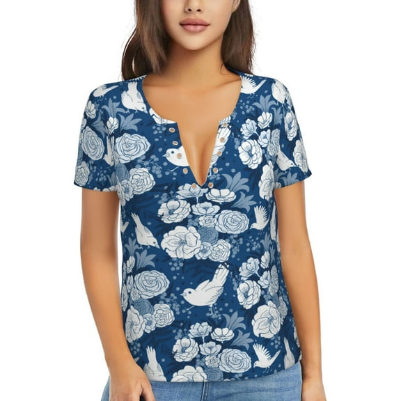 Uemuo Rose Flowers Drawing Women's Deep V-Neck Low Cut Tops - Casual Loose Fit with Stainless Steel Loop, Soft, Breathable, Perfect for Office, Travel, and Daily Wear-Large