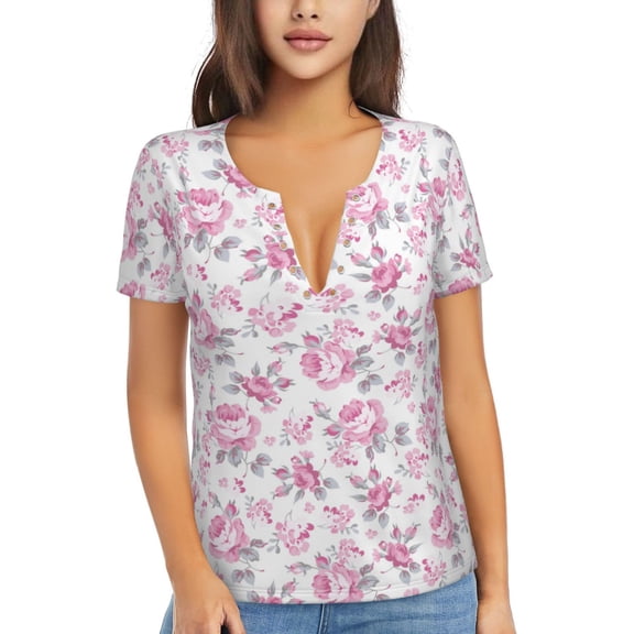 Uemuo Rose Flowers Drawing Women's Deep V-Neck Low Cut Tops - Casual Loose Fit with Stainless Steel Loop, Soft, Breathable, Perfect for Office, Travel, and Daily Wear-XX-Large