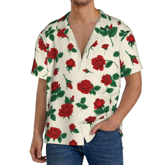 Uemuo Rose Flowers Pattern Cotton Linen Short Sleeve Shirts,Casual Lightweight Button Down Shirts,Vacation Beach Summer Tops-3X-Large
