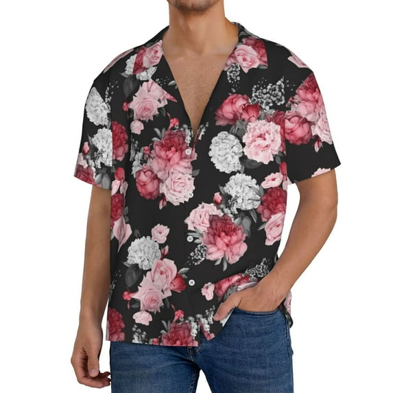 Uemuo Rose Flowers Pattern Cotton Linen Short Sleeve Shirts,Casual Lightweight Button Down Shirts,Vacation Beach Summer Tops-4X-Large