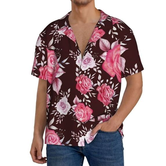 Uemuo Rose Flowers Pattern Cotton Linen Short Sleeve Shirts,Casual Lightweight Button Down Shirts,Vacation Beach Summer Tops-