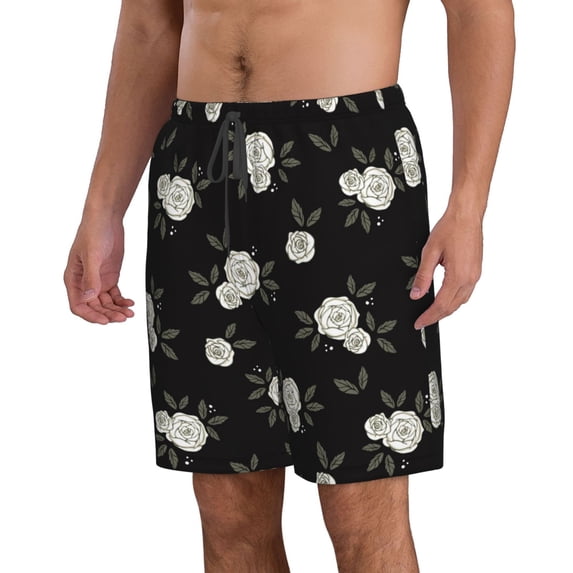 Uemuo Rose Flowers Pattern Men's Swim Trunks Hawaiian Beach Bathing Suit Swimsuits Beach Quick-Dry Shorts with Pockets-Large