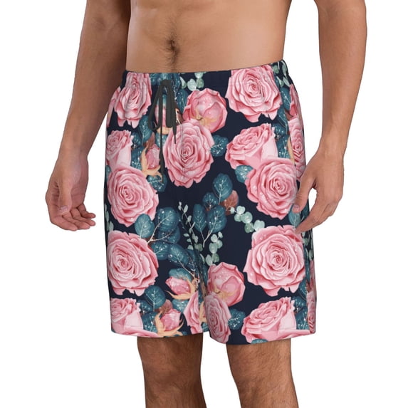 Uemuo Rose Flowers Pattern Men's Swim Trunks Hawaiian Beach Bathing Suit Swimsuits Beach Quick-Dry Shorts with Pockets-Large
