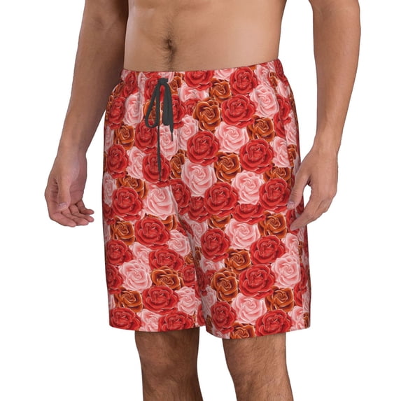 Uemuo Rose Flowers Pattern Men's Swim Trunks Hawaiian Beach Bathing Suit Swimsuits Beach Quick-Dry Shorts with Pockets-Medium
