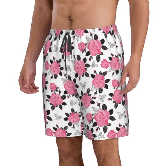 Uemuo Rose Flowers Pattern Men's Swim Trunks Hawaiian Beach Bathing Suit Swimsuits Beach Quick-Dry Shorts with Pockets-Small