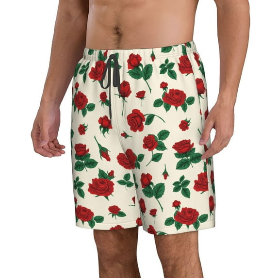 Uemuo Rose Flowers Pattern Men's Swim Trunks Hawaiian Beach Bathing Suit Swimsuits Beach Quick-Dry Shorts with Pockets-X-Large