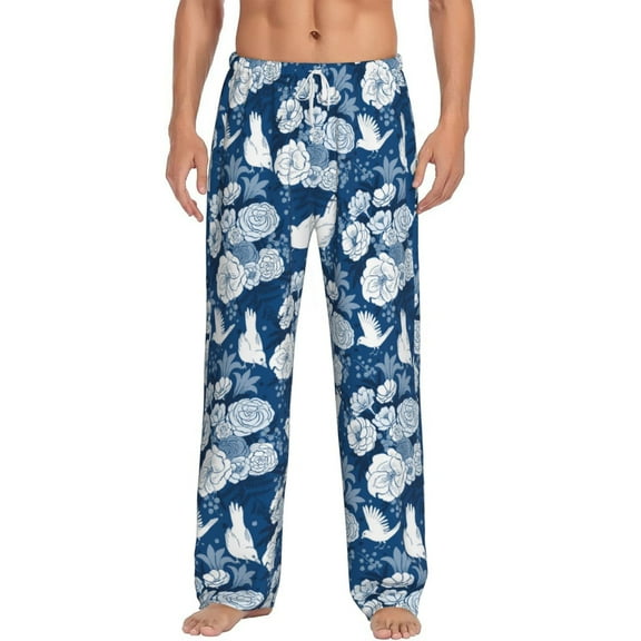 Uemuo Rose Flowers Pattern Men's Wide Leg Palazzo Lounge Pants with Pockets Light Weight Loose Comfy Casual Pajama Pants-Medium