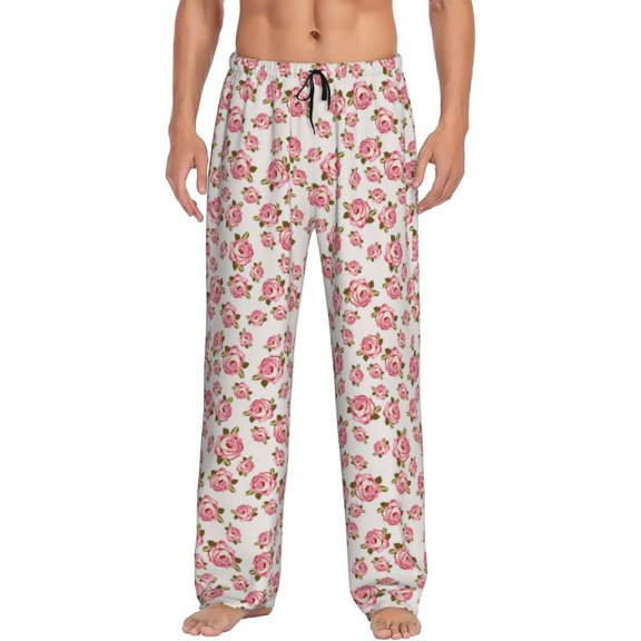 Uemuo Rose Flowers Pattern Men's Wide Leg Palazzo Lounge Pants with Pockets Light Weight Loose Comfy Casual Pajama Pants-Medium