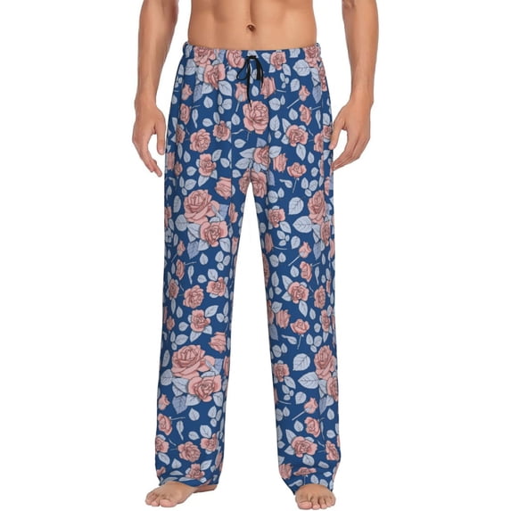 Uemuo Rose Flowers Pattern Men's Wide Leg Palazzo Lounge Pants with Pockets Light Weight Loose Comfy Casual Pajama Pants-Medium