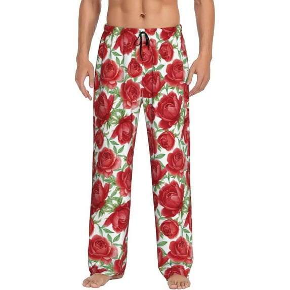 Uemuo Rose Flowers Pattern Men's Wide Leg Palazzo Lounge Pants with Pockets Light Weight Loose Comfy Casual Pajama Pants-Small