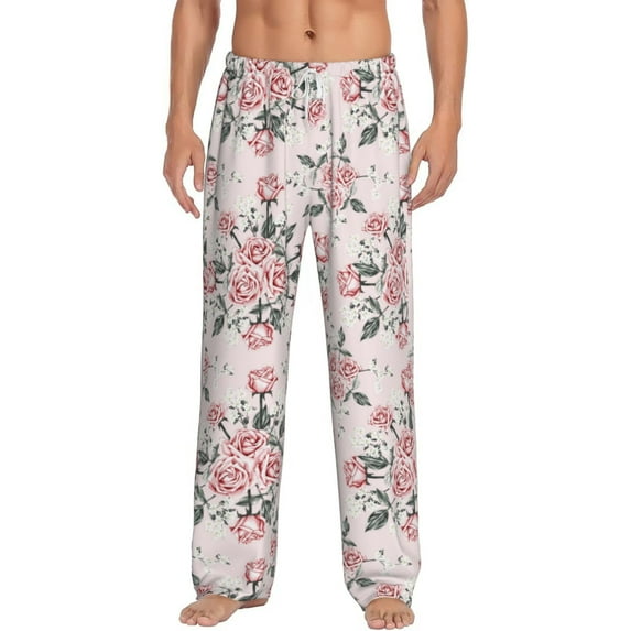 Uemuo Rose Flowers Pattern Men's Wide Leg Palazzo Lounge Pants with Pockets Light Weight Loose Comfy Casual Pajama Pants-Small