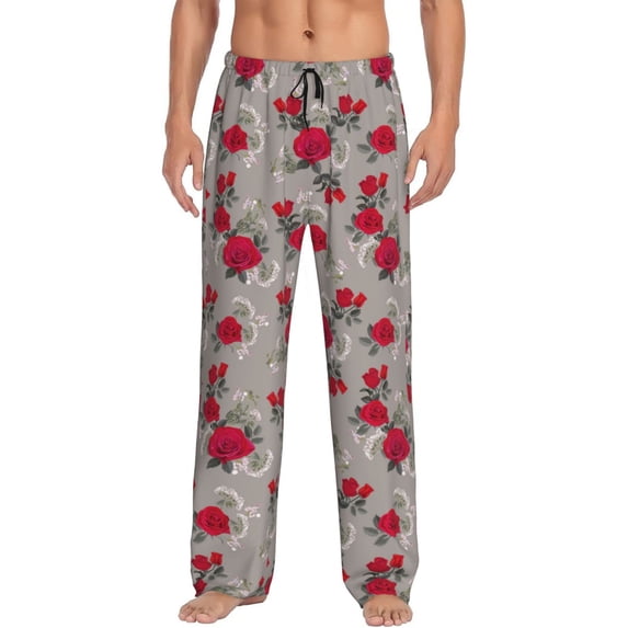 Uemuo Rose Flowers Pattern Men's Wide Leg Palazzo Lounge Pants with Pockets Light Weight Loose Comfy Casual Pajama Pants-X-Large