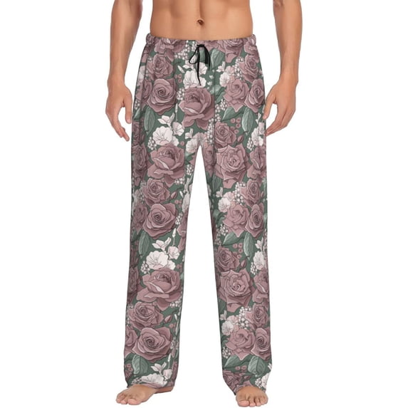 Uemuo Rose Flowers Pattern Men's Wide Leg Palazzo Lounge Pants with Pockets Light Weight Loose Comfy Casual Pajama Pants-X-Large