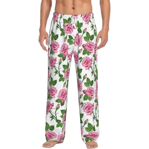 Uemuo Rose Flowers Pattern Men's Wide Leg Palazzo Lounge Pants with Pockets Light Weight Loose Comfy Casual Pajama Pants-XX-Large