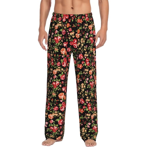 Uemuo Rose Flowers Pattern Men's Wide Leg Palazzo Lounge Pants with Pockets Light Weight Loose Comfy Casual Pajama Pants-Small