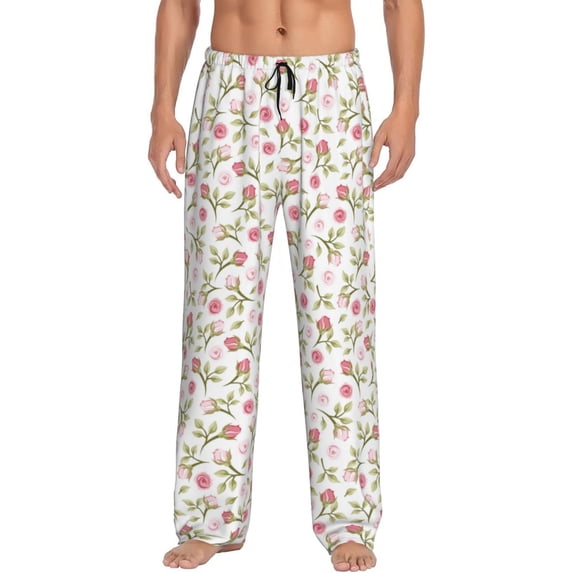 Uemuo Rose Flowers Pattern Men's Wide Leg Palazzo Lounge Pants with Pockets Light Weight Loose Comfy Casual Pajama Pants-