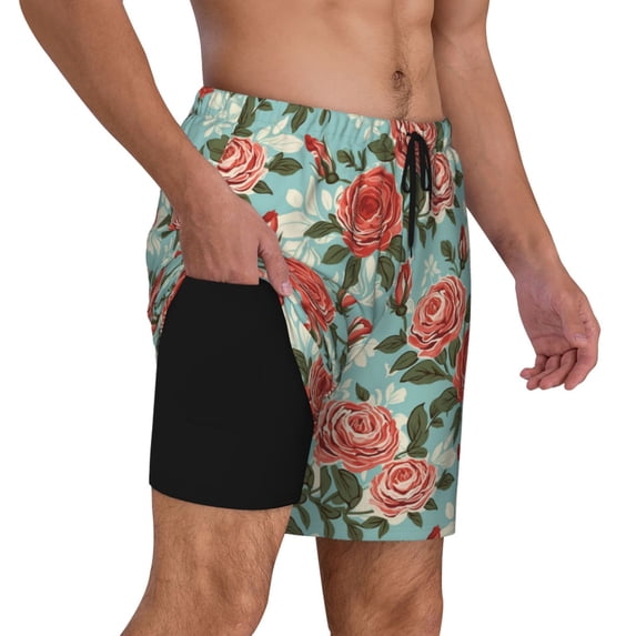 Uemuo Rose Flowers Pattern Mens Swim Trunks Quick Dry Board Shorts with Mesh Lining, Stretch Beach Shorts Quick Dry No-Chafing Board Shorts-3X-Large