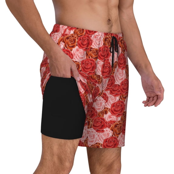 Uemuo Rose Flowers Pattern Mens Swim Trunks Quick Dry Board Shorts with Mesh Lining, Stretch Beach Shorts Quick Dry No-Chafing Board Shorts-3X-Large