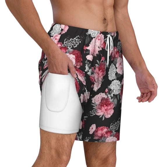 Uemuo Rose Flowers Pattern Mens Swim Trunks Quick Dry Board Shorts with Mesh Lining, Stretch Beach Shorts Quick Dry No-Chafing Board Shorts-3X-Large