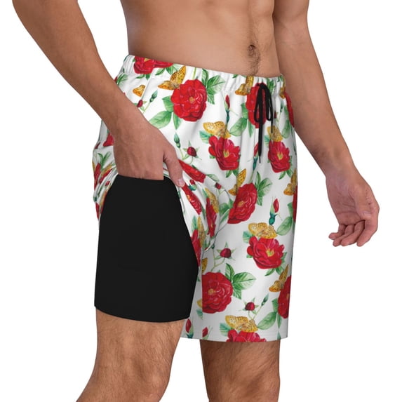 Uemuo Rose Flowers Pattern Mens Swim Trunks Quick Dry Board Shorts with Mesh Lining, Stretch Beach Shorts Quick Dry No-Chafing Board Shorts-Large