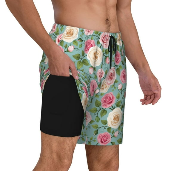 Uemuo Rose Flowers Pattern Mens Swim Trunks Quick Dry Board Shorts with Mesh Lining, Stretch Beach Shorts Quick Dry No-Chafing Board Shorts-Large