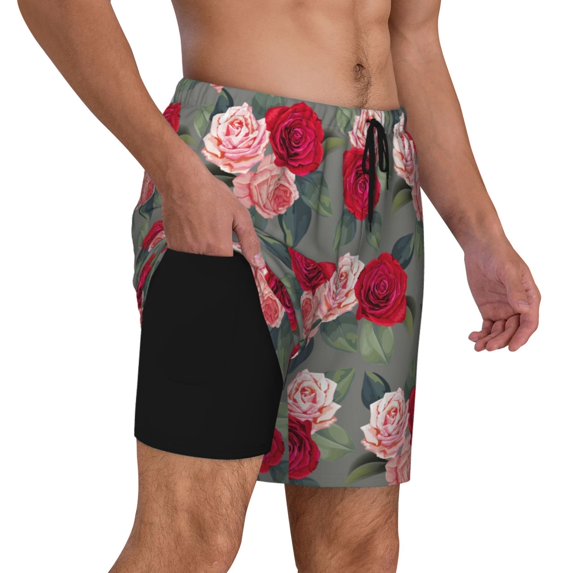 Uemuo Rose Flowers Pattern Mens Swim Trunks Quick Dry Board Shorts with Mesh Lining, Stretch Beach Shorts Quick Dry No-Chafing Board Shorts-Medium