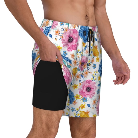 Uemuo Rose Flowers Pattern Mens Swim Trunks Quick Dry Board Shorts with Mesh Lining, Stretch Beach Shorts Quick Dry No-Chafing Board Shorts-Medium