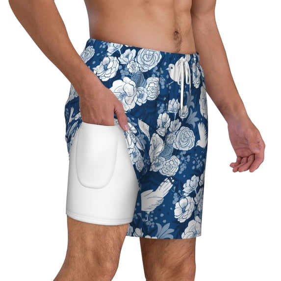Uemuo Rose Flowers Pattern Mens Swim Trunks Quick Dry Board Shorts with Mesh Lining, Stretch Beach Shorts Quick Dry No-Chafing Board Shorts-Small