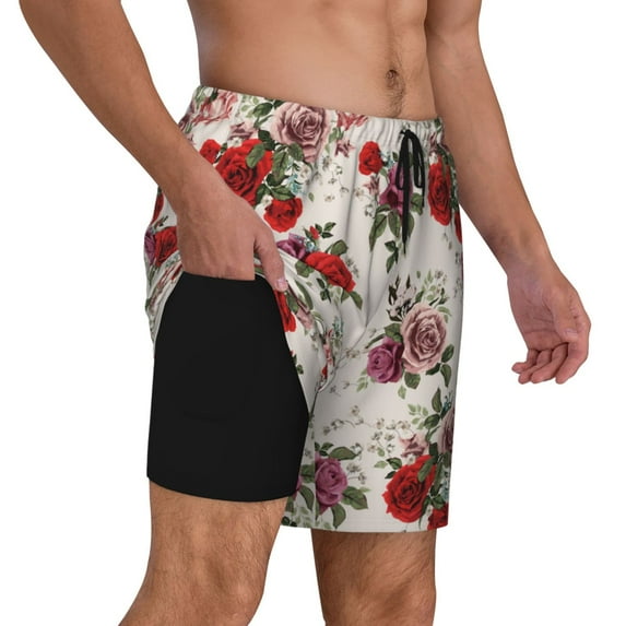 Uemuo Rose Flowers Pattern Mens Swim Trunks Quick Dry Board Shorts with Mesh Lining, Stretch Beach Shorts Quick Dry No-Chafing Board Shorts-Small