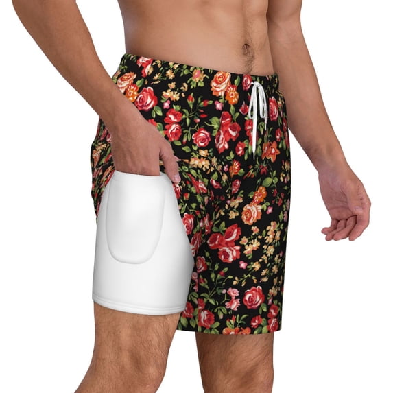 Uemuo Rose Flowers Pattern Mens Swim Trunks Quick Dry Board Shorts with Mesh Lining, Stretch Beach Shorts Quick Dry No-Chafing Board Shorts-X-Large