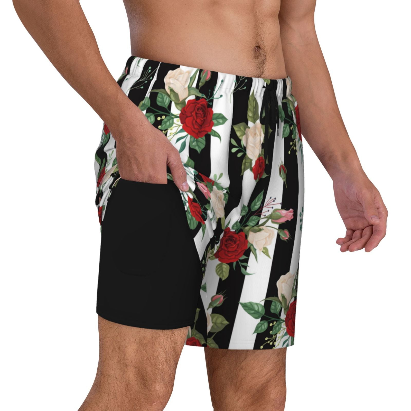 Uemuo Rose Flowers Pattern Mens Swim Trunks Quick Dry Board Shorts with