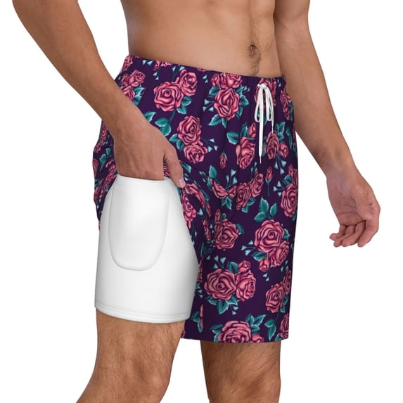 Uemuo Rose Flowers Pattern Mens Swim Trunks Quick Dry Board Shorts with Mesh Lining, Stretch Beach Shorts Quick Dry No-Chafing Board Shorts-XX-Large