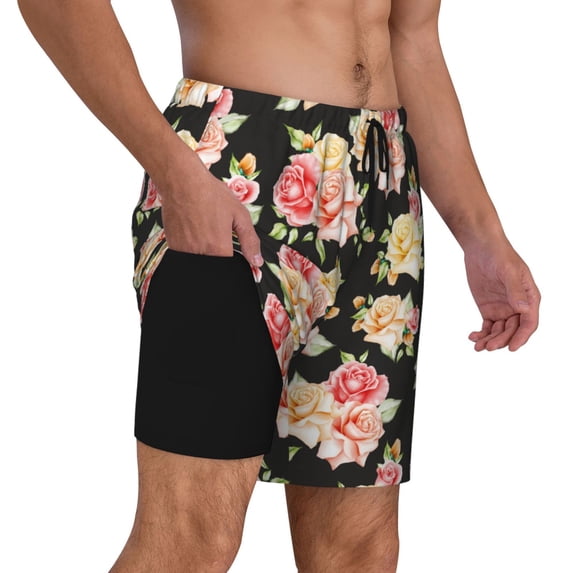 Uemuo Rose Flowers Pattern Mens Swim Trunks Quick Dry Board Shorts with Mesh Lining, Stretch Beach Shorts Quick Dry No-Chafing Board Shorts-XX-Large