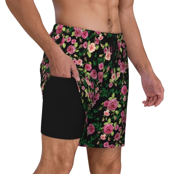 Uemuo Rose Flowers Pattern Mens Swim Trunks Quick Dry Board Shorts with Mesh Lining, Stretch Beach Shorts Quick Dry No-Chafing Board Shorts-Small