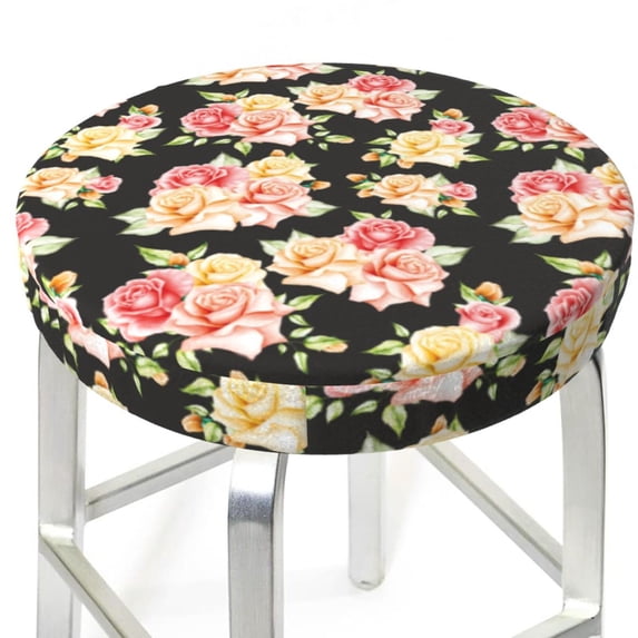 Uemuo Rose Flowers Pattern Round Bar Stool Seat Covers Washable Stool Cushion Slipcover Elastic Bar Chair Covers-14 inch