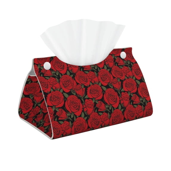 Uemuo Rose Flowers Pattern Tissue Box Cover Holder, Triangle with Bottom Belt - PVC Leather Decorative Organizer for Tabletop, Bathroom, Car, Office
