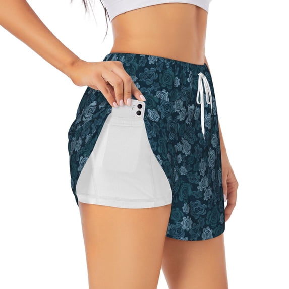 Uemuo Rose Flowers Pattern Women's Athletic Shorts High Waisted Running Shorts with Liner Pockets Gym Elastic Workout Shorts-XX-Large