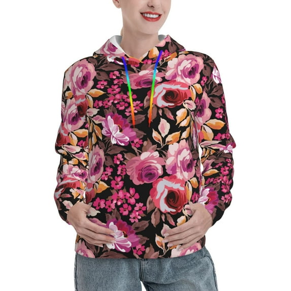 Uemuo Rose Flowers Pattern Women's Hoodie with Eye-catching Drawstrings- Casual Pullover Hoodie with Kangaroo Pocket, Stylish Hooded Sweatshirt-XX-Large