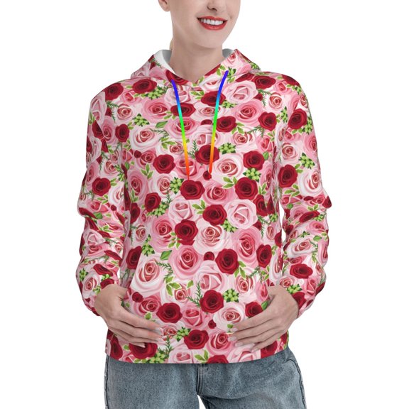 Uemuo Rose Flowers Pattern Women's Hoodie with Eye-catching Drawstrings- Casual Pullover Hoodie with Kangaroo Pocket, Stylish Hooded Sweatshirt-XX-Large