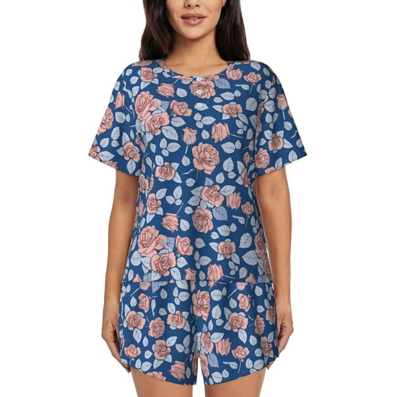 Uemuo Rose Flowers Pattern Women's Short-Sleeved Pajama, Button-Front Loungewear, 2-Piece Summer Sleepwear, Elastic Drawstring Shorts-4X-Large