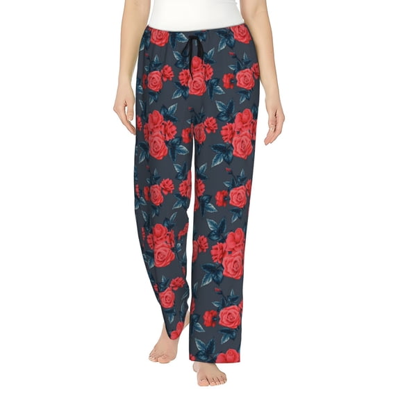 Uemuo Rose Flowers Pattern Women's Wide Leg Palazzo Lounge Pants with Pockets Light Weight Loose Comfy Casual Pajama Pants-Large