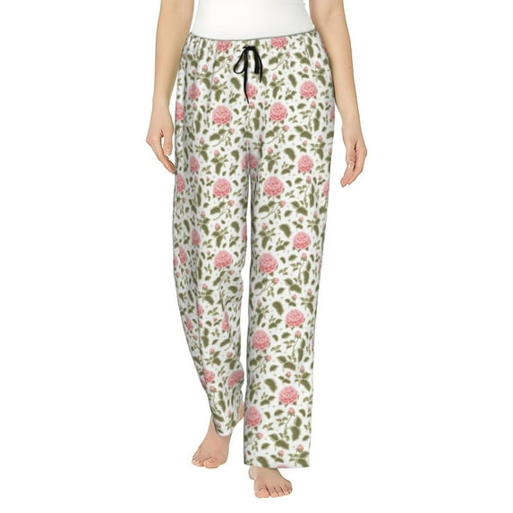 Uemuo Rose Flowers Pattern Women's Wide Leg Palazzo Lounge Pants with Pockets Light Weight Loose Comfy Casual Pajama Pants-Large