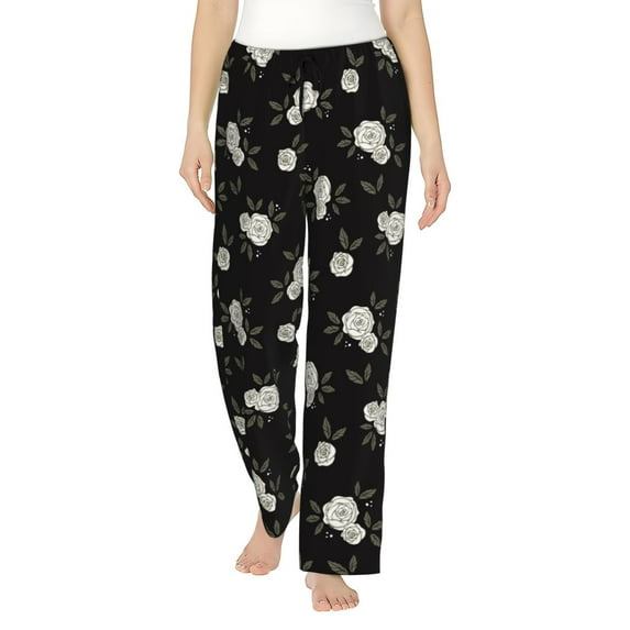 Uemuo Rose Flowers Pattern Women's Wide Leg Palazzo Lounge Pants with Pockets Light Weight Loose Comfy Casual Pajama Pants-Medium