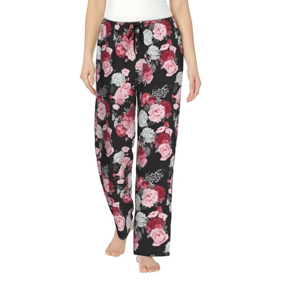 Uemuo Rose Flowers Pattern Women's Wide Leg Palazzo Lounge Pants with Pockets Light Weight Loose Comfy Casual Pajama Pants-Medium