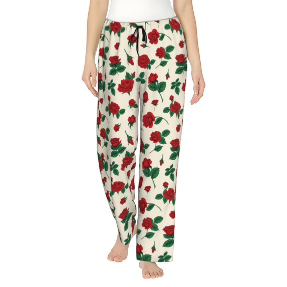 Uemuo Rose Flowers Pattern Women's Wide Leg Palazzo Lounge Pants with Pockets Light Weight Loose Comfy Casual Pajama Pants-Small