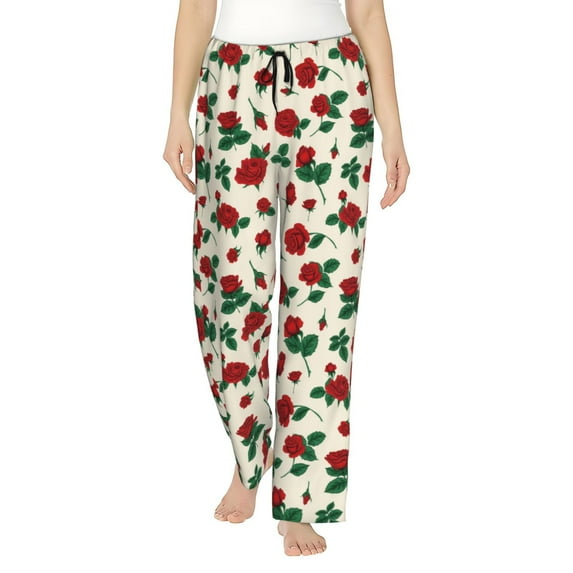 Uemuo Rose Flowers Pattern Women's Wide Leg Palazzo Lounge Pants with Pockets Light Weight Loose Comfy Casual Pajama Pants-X-Large